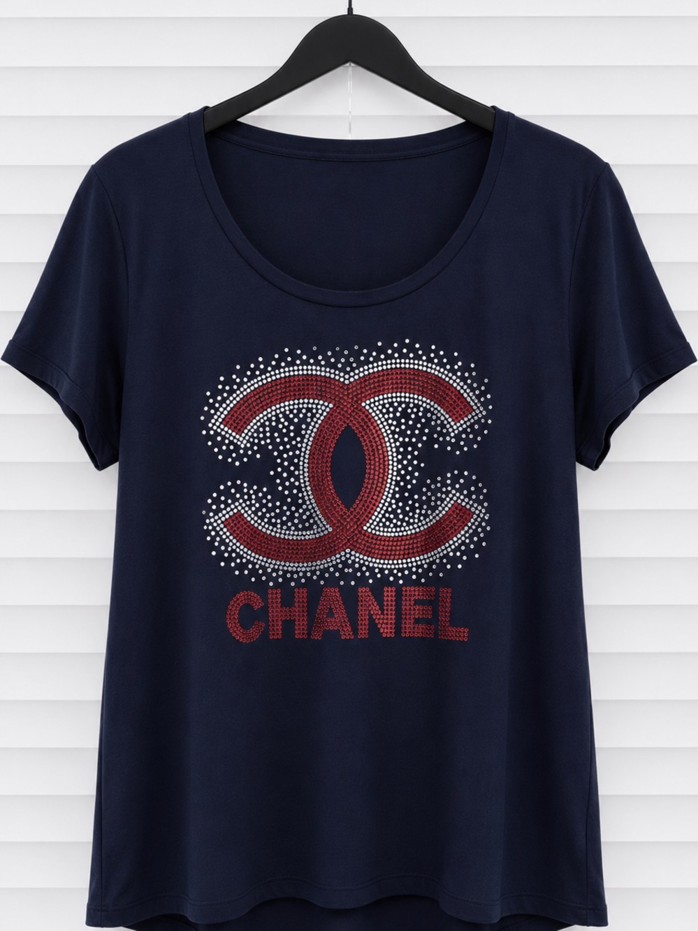 Navy Short-Sleeve Logo Tee with Red Crystal Accents